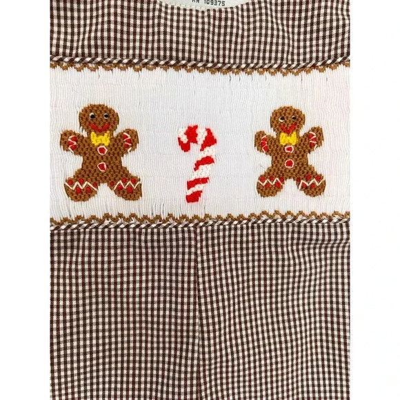 Tricia Holiday Smocked Gingerbread Men Candy Cane Overalls Brown Gingham 3 Month - Picture 2 of 13